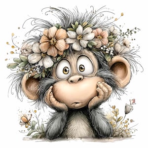 15 PNG Blommig apa clipart – Söt PNG djur – Barnkonst, gratulationskort, lekfull inredning, djungelbabydesign, botanisk illustration