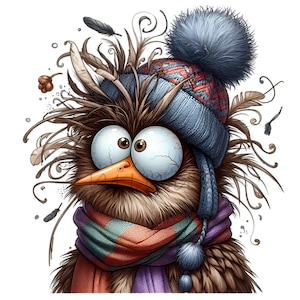 12 cliparts PNG drôle d'oiseau avec des plumes en désordre, de grands yeux, un bonnet et une écharpe | Art animalier hivernal original pour sublimation et créations manuelles