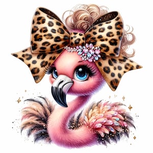 15 imágenes prediseñadas de flamencos lindos, flamenco rosa con lazo de leopardo y pelo rizado, dibujos animados de animales, sublimación, imprimibles DIY