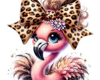 15 PNG niedlicher Flamingo Clipart PNG, rosa Flamingo mit Leopardenschleife und lockigem Haar, Tierkarikaturkunst, Sublimation, DIY Printables