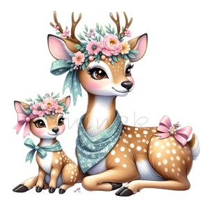 Puede incluir: Una madre y un cervatillo con pelaje marr&oacute;n y blanco moteado. La madre ciervo lleva una bufanda azul y blanca con estampado y una corona de flores rosas. El cervatillo lleva un lazo azul y una corona de flores rosas.