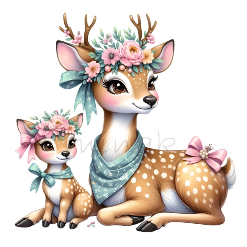 Puede incluir: Una madre y un cervatillo con pelaje marr&oacute;n y blanco moteado. La madre ciervo lleva una bufanda azul y blanca con estampado y una corona de flores rosas. El cervatillo lleva un lazo azul y una corona de flores rosas.