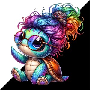May include: A colorful cartoon turtle with a rainbow-colored wig wearing sunglasses. The turtle has a green shell with blue and purple accents.