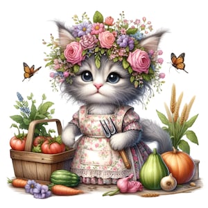 12 mignon jardinier chat PNG, chaton floral en tablier avec panier de récolte, adorable chat de la ferme clipart pour sublimation et travaux manuels