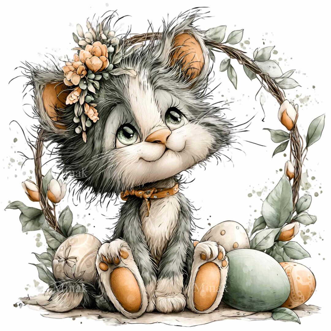 14 PNG Spring Kitten Clipart, Watercolor Cat Floral Wreath and Eggs ...