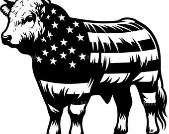 8 imagens vetoriais SVG de um touro com a bandeira americana representando um gado patriótico.