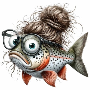 Trucha divertida Clipart - 15 peces extravagantes con gafas y moño Arte digital PNG para manualidades y sublimación
