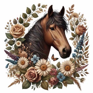 15 Pferd mit Blumenkranz PNG Clipart - Rustikales Pferdeporträt umgeben von Vintage-Blumen
