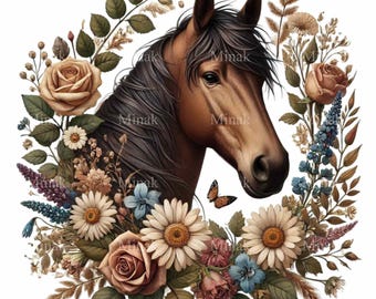15 Pferd mit Blumenkranz PNG Clipart - Rustikales Pferdeporträt umgeben von Vintage-Blumen