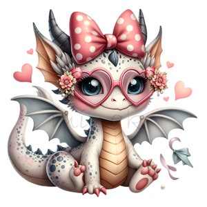 May include: A white and pink dragon with a pink bow and heart-shaped glasses. The dragon is sitting on a white background with pink hearts.