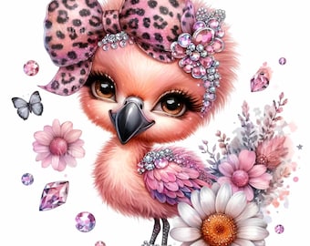 12 PNG Pink flamingo clipart - cute bird PNG with bow and flowers for girly crafts, digital download, sublimation, nursery wall art