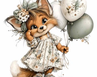 15 PNG Baby Fox Clipart, Woodland Birthday Balloon Sublimation, Floral Forest Art