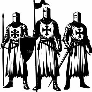 Archivo de corte SVG de 5 caballeros cruzados en formato SVG, guerreros medievales con escudos y espadas, diseño de caballerosidad y honor para Cricut y corte láser