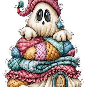 May include: A cartoon ghost wearing a pink quilted nightcap with a blue button, peeking over a stack of colorful, patterned quilted blankets. A small wooden door is set into the base of the bottom blanket, which is draped over the ground.
