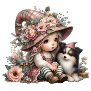 12 PNG Floral Hat Girl Clipart – Cute Doll with Dog PNG for Kids Crafts, Nursery Decor, Baby Shower Invitations, Whimsical Art Prints