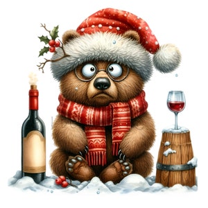 May include: A whimsical illustration of a brown bear wearing a Santa hat, glasses, and a red scarf. A bottle of wine and a glass of red wine sit nearby. The bear is surrounded by snow, creating a festive holiday scene.