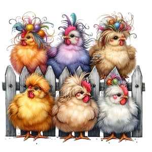 10 PNG Flauschiges Huhn PNG - Lustige Bauernhof Henne Clipart mit bunten Frisuren - Wunderliche Hahnkunst für Landdekor, Tassen, Kunsthandwerk