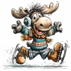 12 PNG Zimowy Łoś Łyżwiarski – Uroczy Clipart Zwierzęcy – Świąteczny PNG na Kartki, Rzemiosło Dla Dzieci, Scrapbooking, Projekt Sublimacji