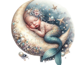 10 Meerjungfrau Baby Moon Pearl PNG, Schlafende Meerjungfrau Sublimation Ozean Kinderzimmerkunst