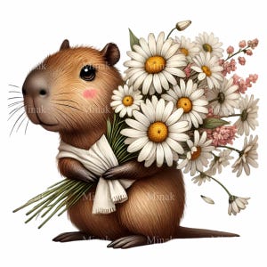 12 Capybara avec marguerites PNG Clipart, adorable animal tenant des fleurs, art numérique nature lunatique