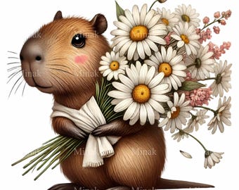 12 PNG Capybara Daisy Flower Bouquet Animal Sublimation Design