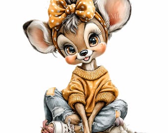 12 PNG Baby Deer Clipart, Doe Woodland Animal Illustration, Forest Girl