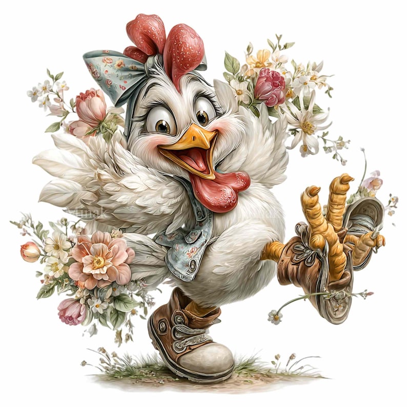 May include: A whimsical cartoon chicken with white feathers, a red comb, and a blue floral bow. The chicken is wearing brown boots and a denim vest, holding flowers, and has a cheerful expression. The image is set against a white background.