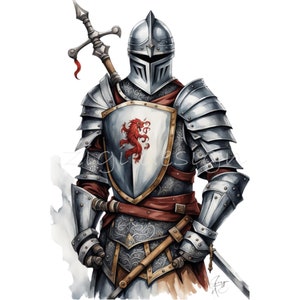 28 Clipart PNG de Cavaleiro Medieval | Guerreiro Blindado com Espada e Escudo de Brasão | Arte Digital de Cavalaria Cruzada para Artesanato