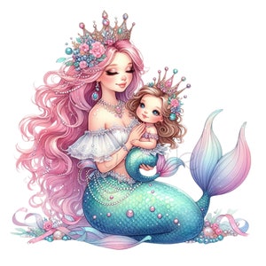15 Mermaid Mom and Tochter PNG Clipart - Wunderschönes Meerjungfrau-Paar mit Kronen, Perlen, langen Haaren und schillernden Schwänzen