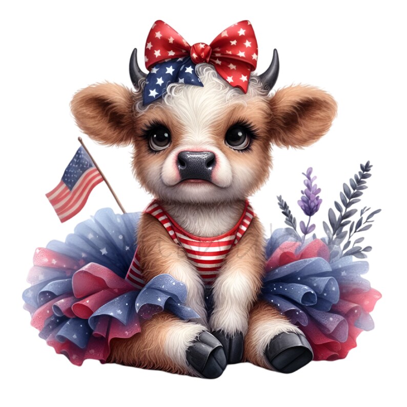 12 PNG Patriotic Highland Cow 4th of July, American Flag Floral Clipart ...