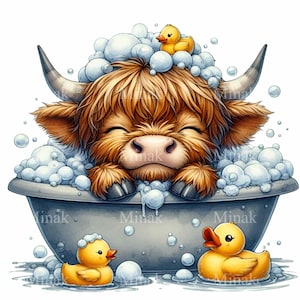 May include: A brown and white Highland cow with closed eyes is taking a bath in a gray tub. The cow is surrounded by white bubbles. There are two yellow rubber duckies in the tub with the cow.