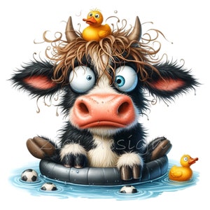 10 PNG Silly Cow in Pool – Funny Cow PNG Clipart – Cartoon Cow with Duck and Float for Summer Cards, Kids Crafts and Farm Decor