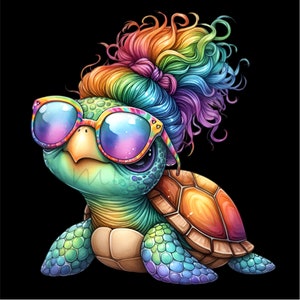 May include: A colorful cartoon turtle with rainbow hair wearing sunglasses. The turtle has a green shell with orange and yellow accents.