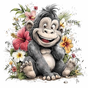 Könnte beinhalten: Eine Cartoon-Illustration eines lächelnden Schimpansen, der inmitten bunter Blumen sitzt. Der Schimpanse ist grau mit hellem Bauch und fröhlichem Gesichtsausdruck. Die Blumen sind rote, gelbe und weiße Hibiskusblüten.