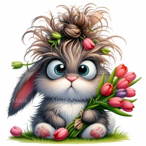12 PNG Messy Hair Bunny Clipart, Tulip Flower Rabbit Sublimation ...