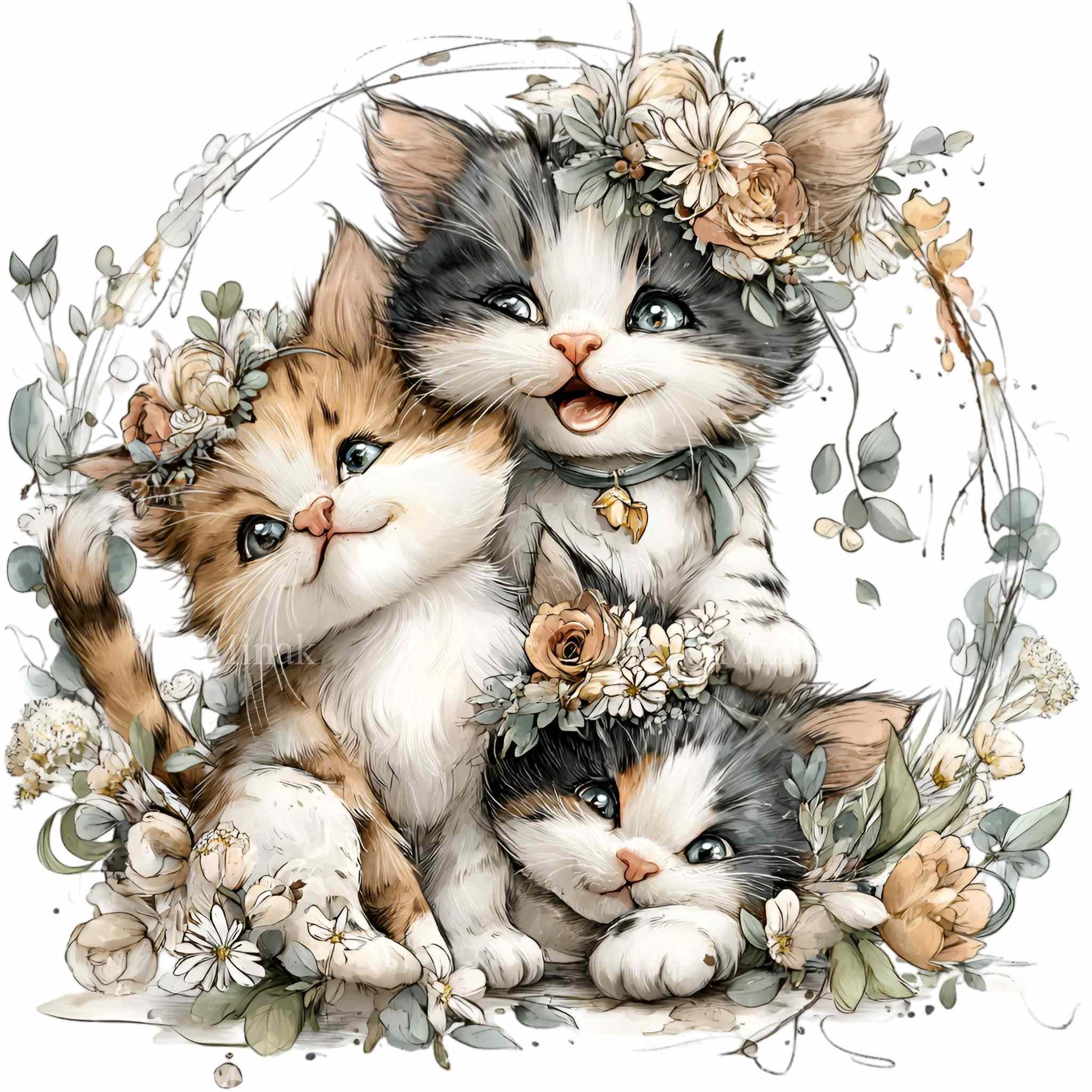 15 PNG Floral Kittens Clipart – Cute Cat Wreath PNG for Nursery Wall ...
