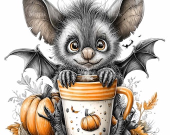 15 PNG Halloween Bat Coffee Pumpkin Clipart, Spooky Morning Fall Animal