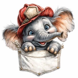 May include: A whimsical illustration of a baby elephant wearing a red firefighter's hat, peeking out of a white pocket. The elephant has blue eyes and a friendly smile. The pocket has gold-colored rivets.