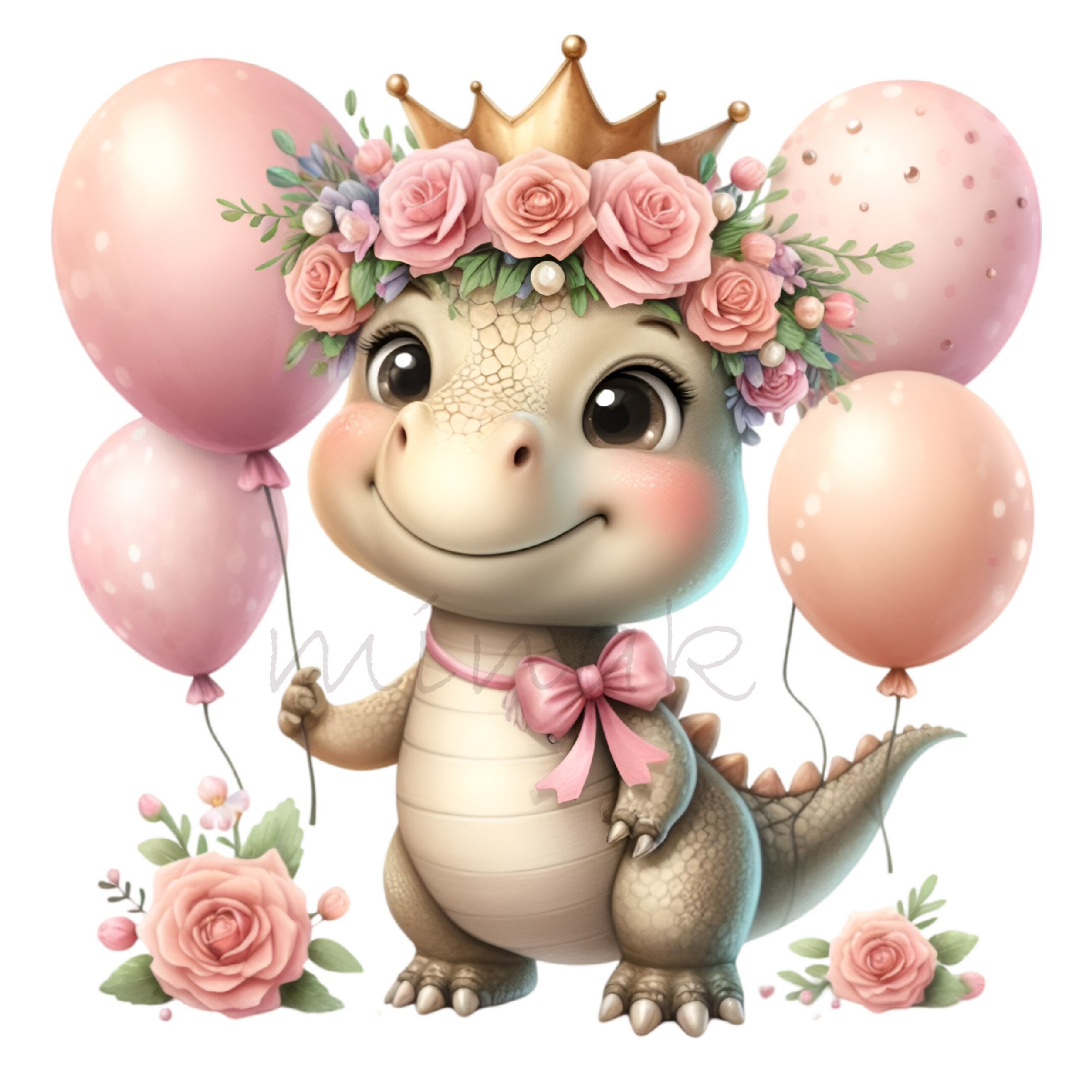 Princess Dinosaur Clipart PNG - 15 Cute Dinosaur with Crown and Balloons, Digital Download for Crafts & Scrapbooking