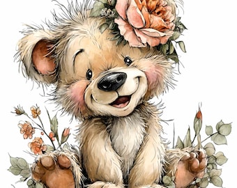 11 images clipart d'ours fleuris au format PNG pour chambre d'enfant, motif floral printanier et rose pour sublimation