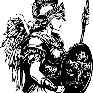 4 archivos SVG de la guerrera Atenea, diosa griega alada, doncella escudera, silueta de amazona espartana para Cricut y láser