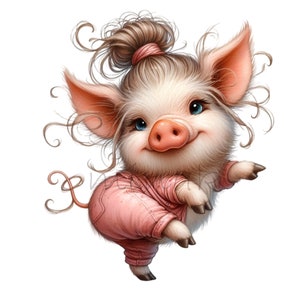 12 lindos cerdos clipart PNG, descarga digital de cerdos bailando adorables de alta resolución, ilustración de arte de animales de granja caprichosos