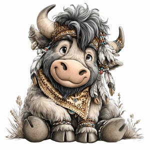 K&ouml;nnte beinhalten: Eine skurrile Illustration eines Yaks mit freundlichem Gesichtsausdruck. Das Yak tr&auml;gt einen indianisch inspirierten Kopfschmuck, Federn und ein gemustertes Halstuch. Sein Fell ist eine Mischung aus Grau und Beige, mit gro&szlig;en, ausdrucksstarken Augen.
