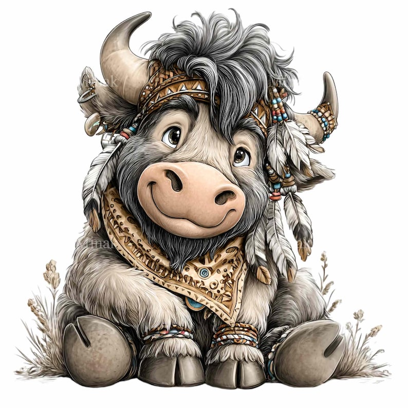 K&ouml;nnte beinhalten: Eine skurrile Illustration eines Yaks mit freundlichem Gesichtsausdruck. Das Yak tr&auml;gt einen indianisch inspirierten Kopfschmuck, Federn und ein gemustertes Halstuch. Sein Fell ist eine Mischung aus Grau und Beige, mit gro&szlig;en, ausdrucksstarken Augen.