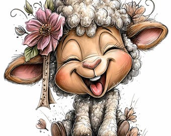 14 Laughing Sheep Clipart Png, Pink Floral Lamb Graphic Art