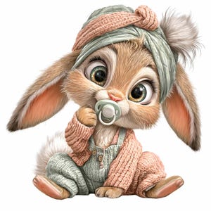May include: A digitally illustrated baby bunny wearing a pink knitted sweater and overalls, with a matching headband and a pacifier in its mouth. The bunny has large, expressive eyes and a fluffy tail, creating a cute and whimsical design.