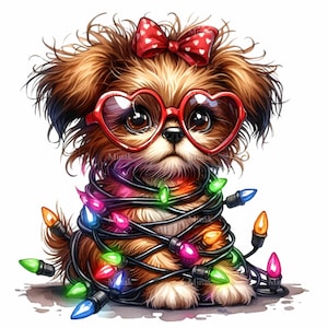12 cliparts de chiot de Noël PNG - chien mignon PNG - animal de compagnie de vacances dans des lumières pour des impressions, des cartes de voeux et des projets festifs de sublimation