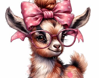 May include: A cute cartoon goat wearing pink glasses and a pink bow with white polka dots in her hair. The goat has brown and white fur and is looking to the right.