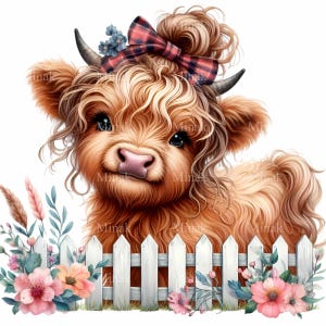 15 Clipart PNG vache Highland, jolie vache florale derrière une clôture, téléchargement numérique des animaux de la ferme rustique pour la sublimation et l'artisanat