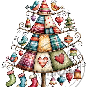 May include: A whimsical illustration of a Christmas tree constructed from patchwork fabric segments in plaid, polka dot, and floral patterns. The tree is decorated with hanging ornaments, including hearts, bells, and stockings, with birds perched on branches.